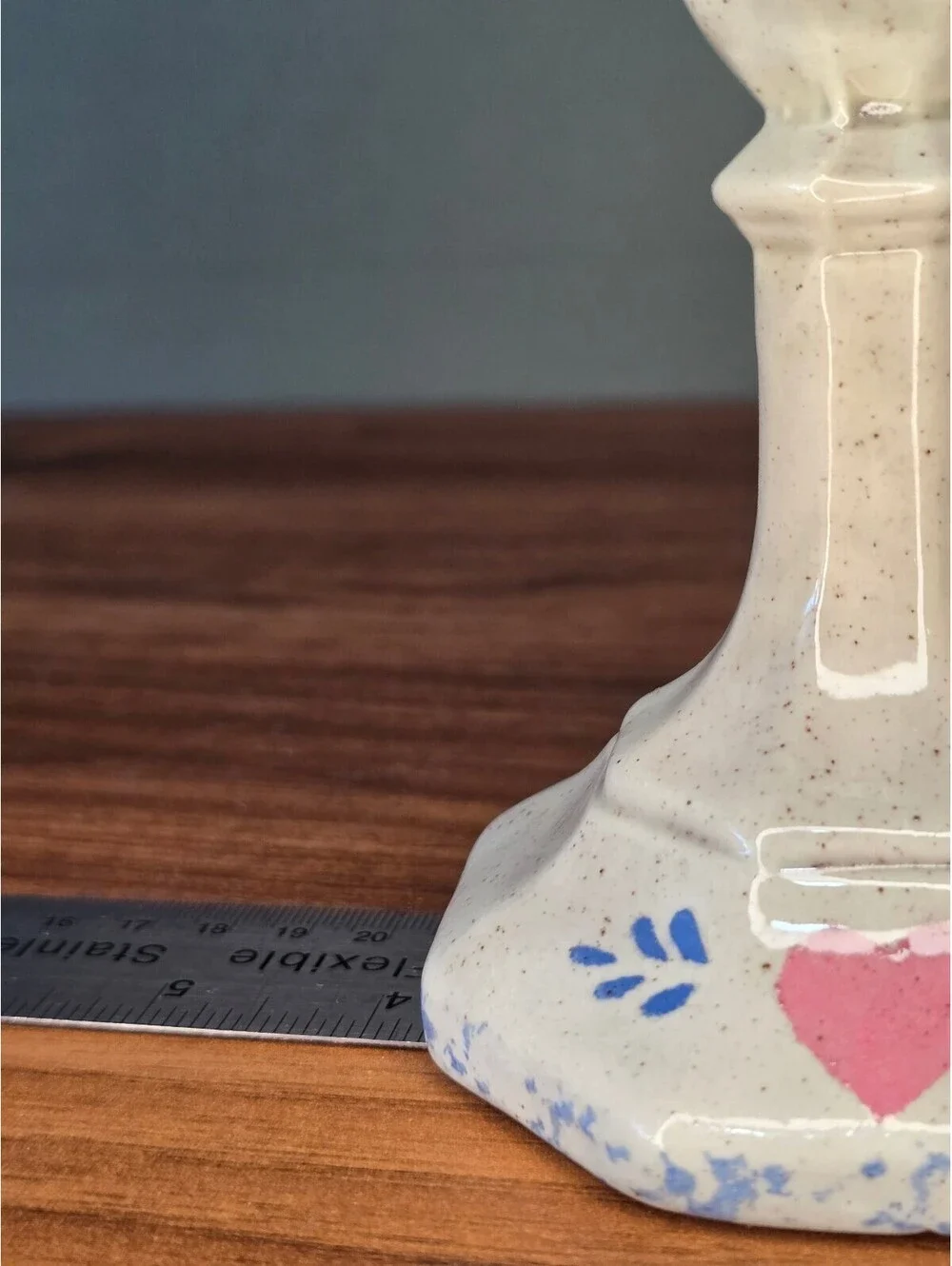 Vintage Spongeware Heart Ceramic Candlestick Holder Country Decor
